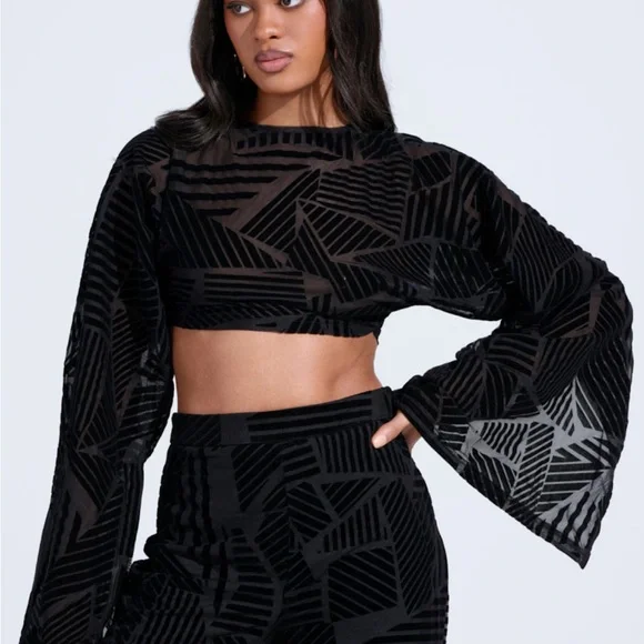 AKIRA’S Having Regrets About You See Through Black Velvet Geometric Pattern Top - Picture 2 of 7